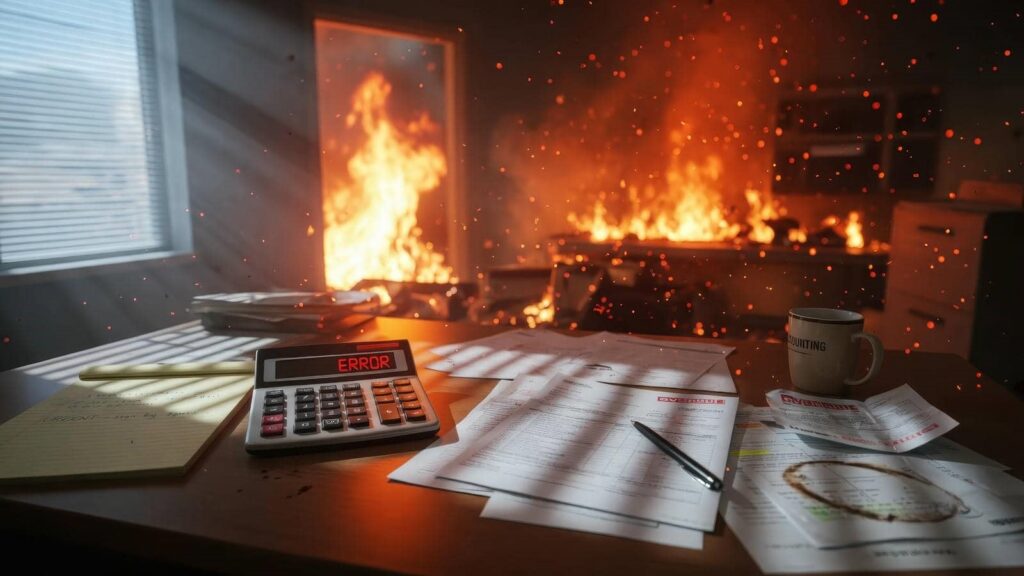 A desk with papers, a calculator showing "ERROR," and a coffee cup in a room engulfed in flames.