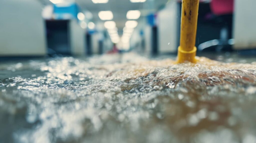 Water flooding a hallway with a yellow mop handle in the foreground.