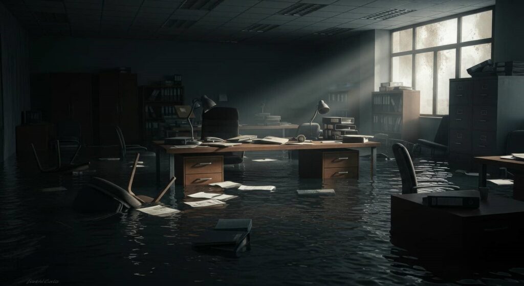 Flooded office with water covering the floor, scattered papers, and overturned chairs in dim light.