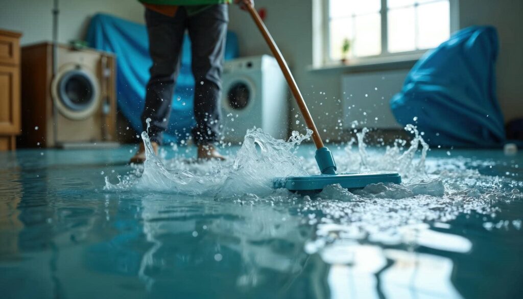 Person mopping a flooded floor with water splashing around the mop head.