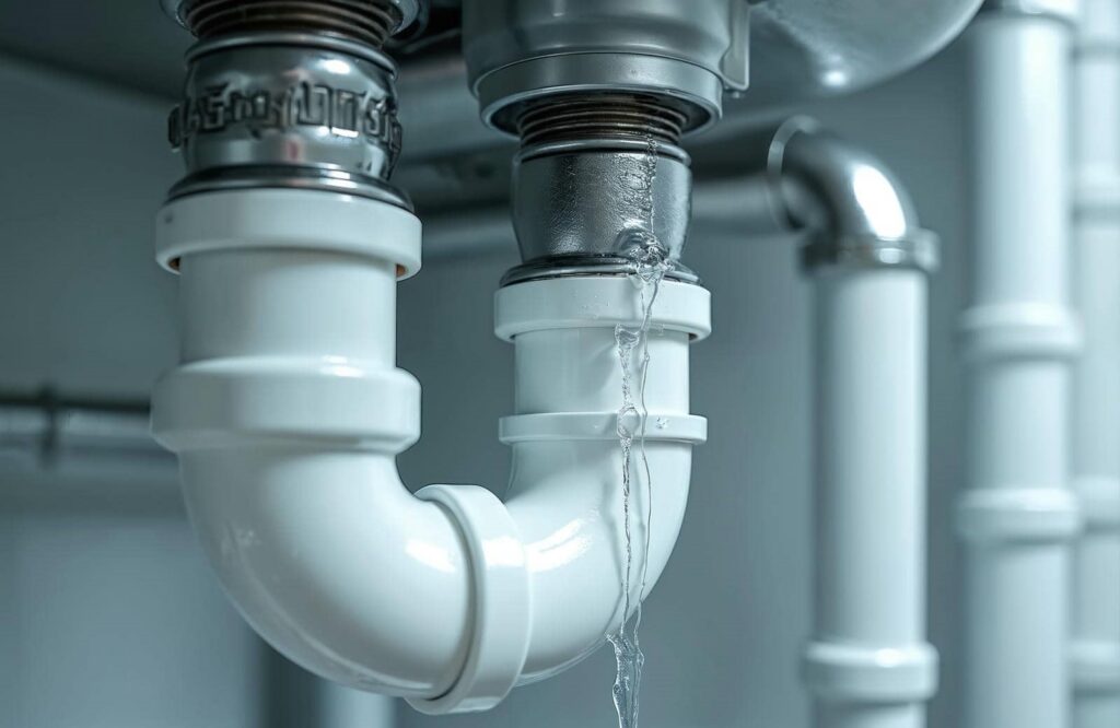 Water leaking from a joint in a white plumbing pipe under a sink.