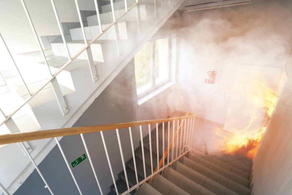 Fire and smoke spreading in a stairwell near a closed door with a fire extinguisher on the wall.
