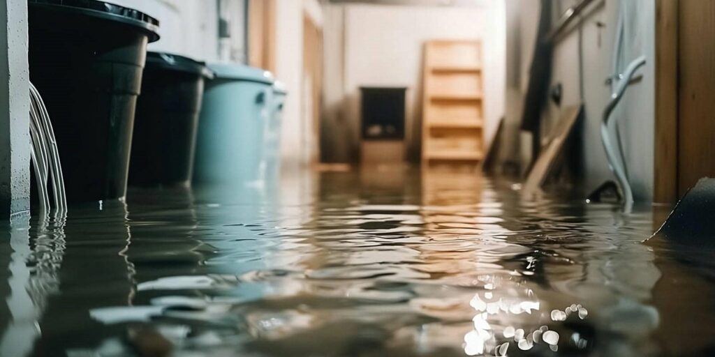 Flooded indoor space with water covering the floor and plastic bins partially submerged.