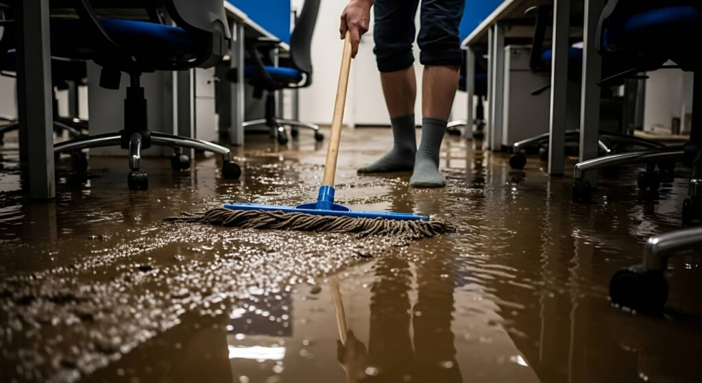 Person mopping a flooded office floor with water reflecting chairs and desks.