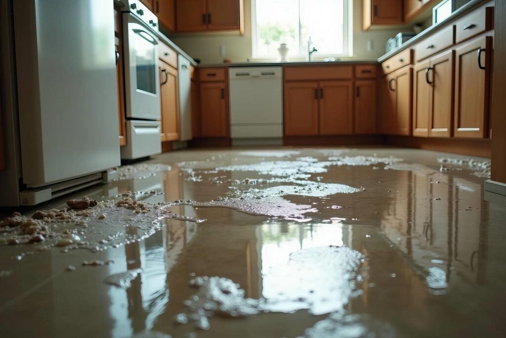 Flooded kitchen floor with spilled food and water reflecting cabinets and appliances.