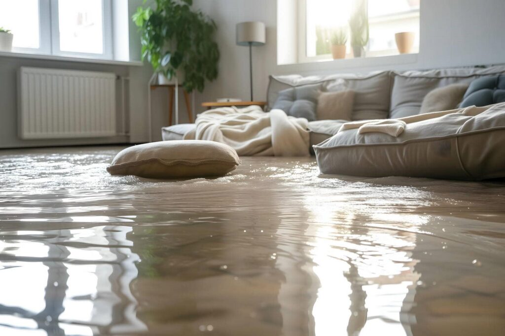 Living room floor flooded with water, cushions and blanket floating near a sofa.