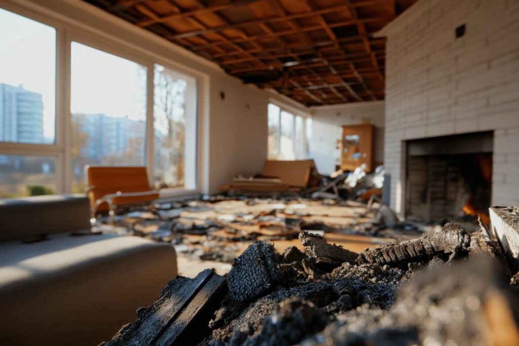Charred wood and ashes in a living room with fire damage and burnt ceiling.