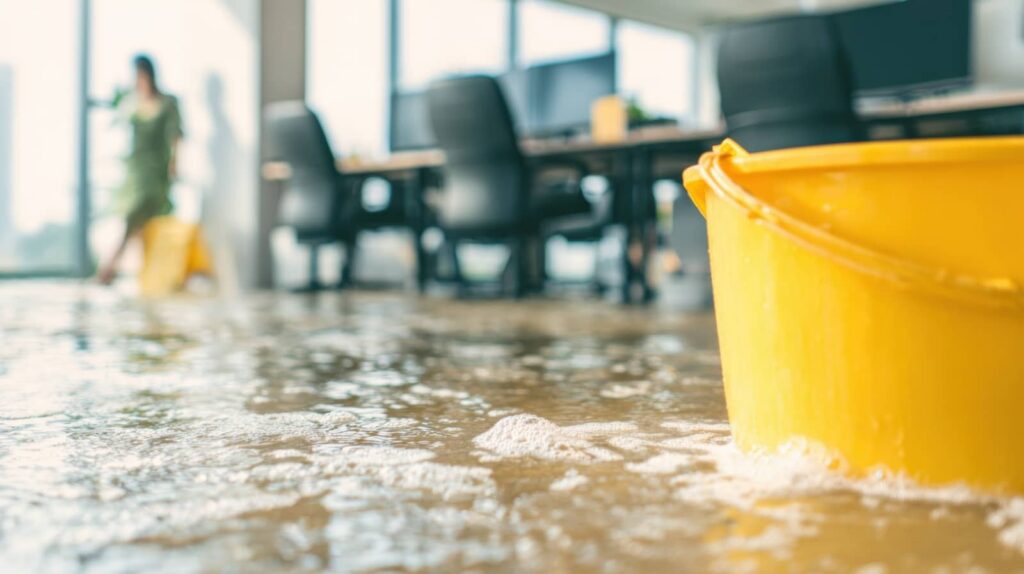 Yellow bucket on a flooded office floor with a blurred person and chairs in the background.