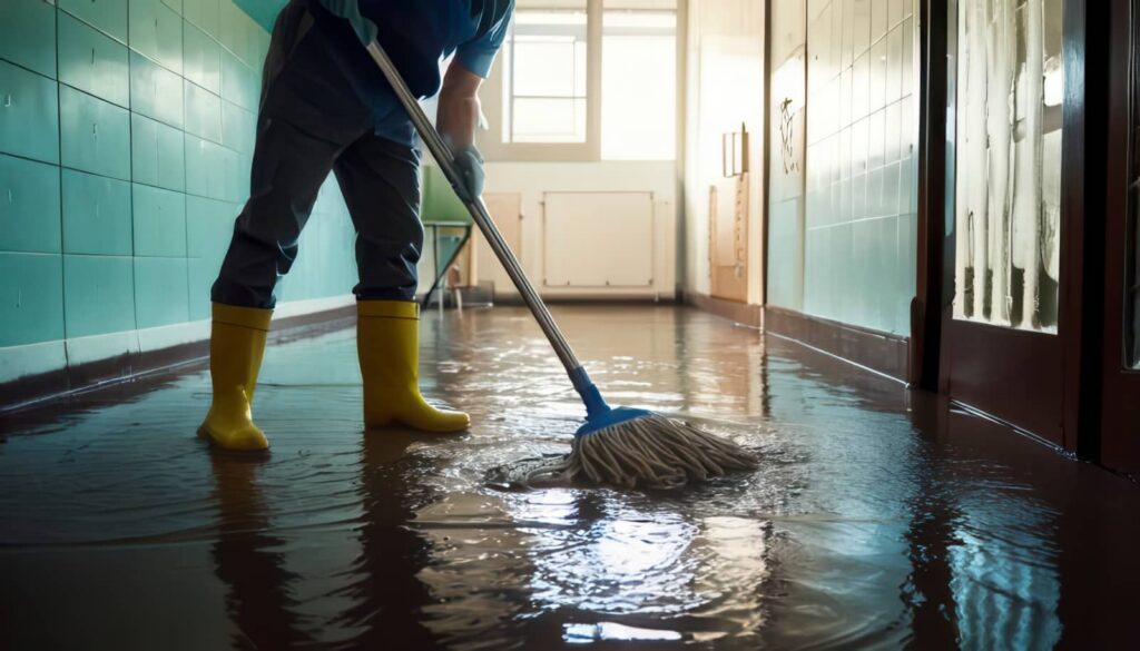 Person in yellow boots mopping a flooded hallway with green tiled walls.