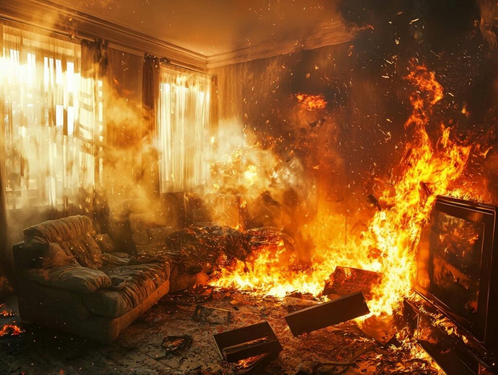 Living room engulfed in flames with a burning couch and television.
