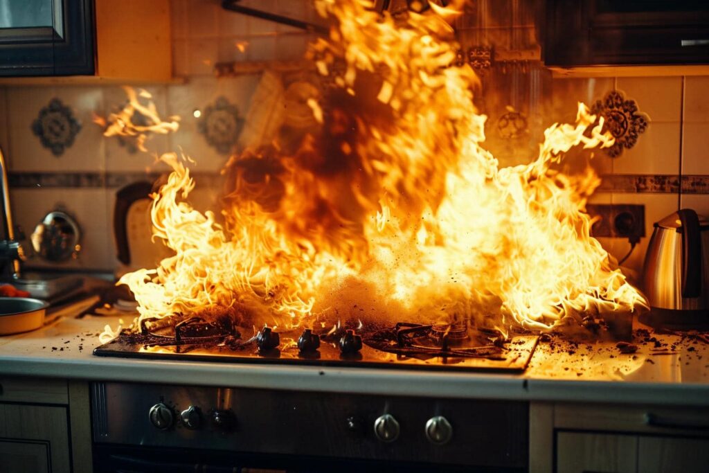 Large flames engulf a gas stove in a kitchen fire.