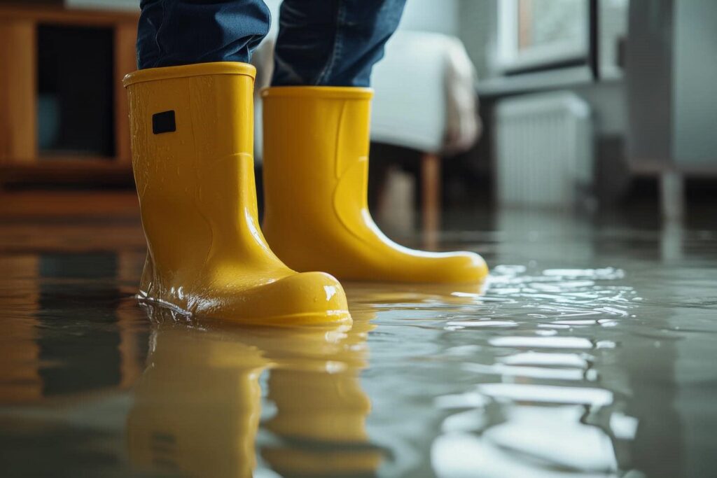 Person wearing yellow rain boots standing in a flooded indoor room.