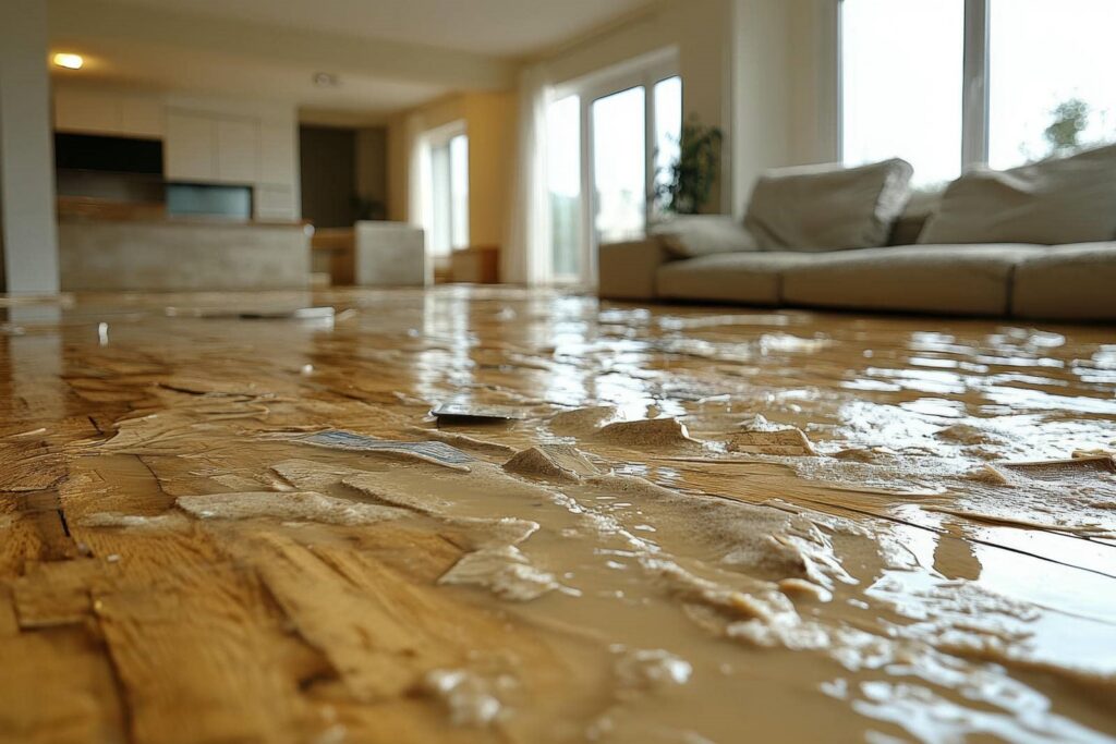 Water flooding and damaging a wooden floor in a living room with a sofa and large windows.