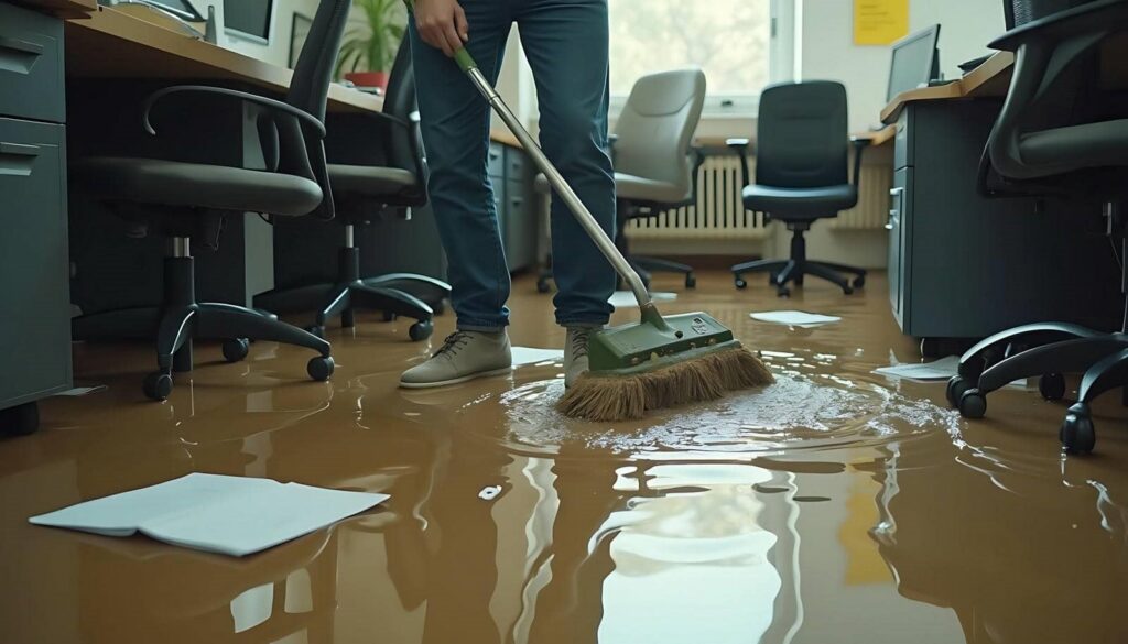 Person using a broom to push water in a flooded office with scattered papers and chairs.