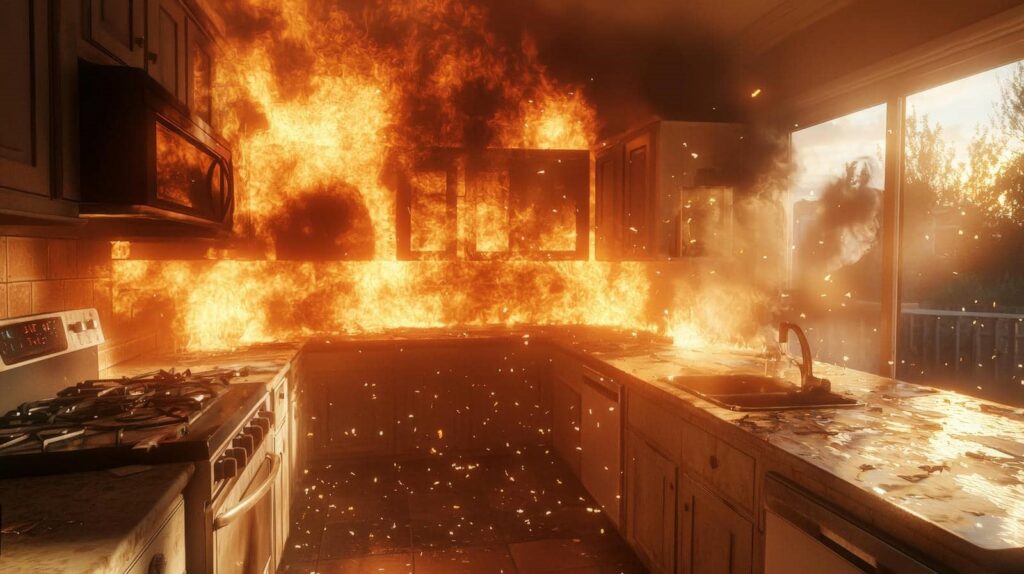 Kitchen engulfed in intense flames with smoke and burning embers.