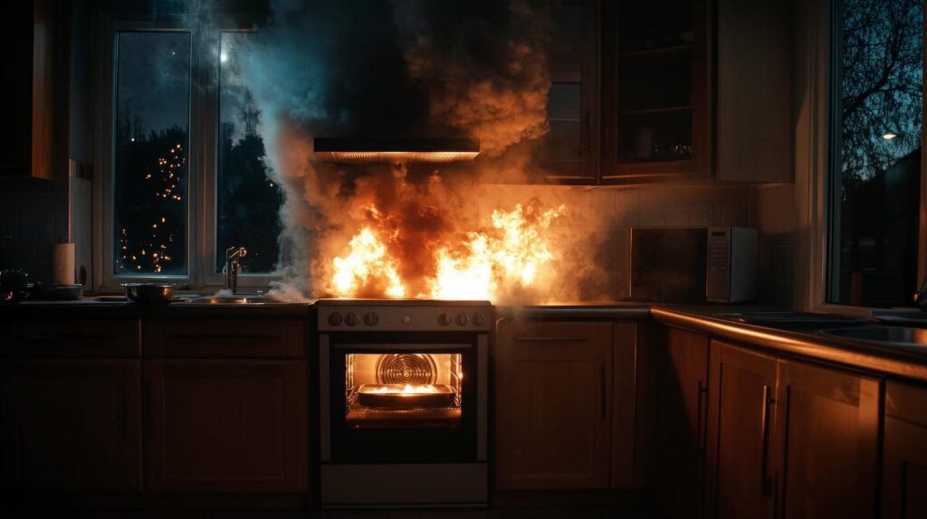 Kitchen stove engulfed in flames with thick smoke rising toward the vent hood.