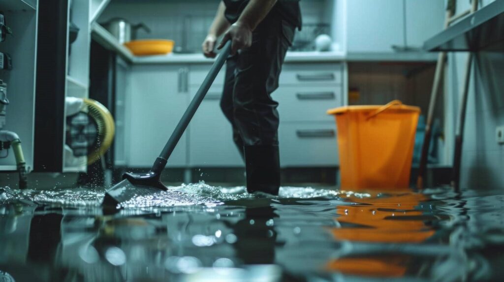 Person using a vacuum to clean water from a flooded kitchen floor.