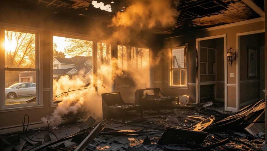 Sunlight shines through smoke-filled room damaged by fire with charred furniture and debris.