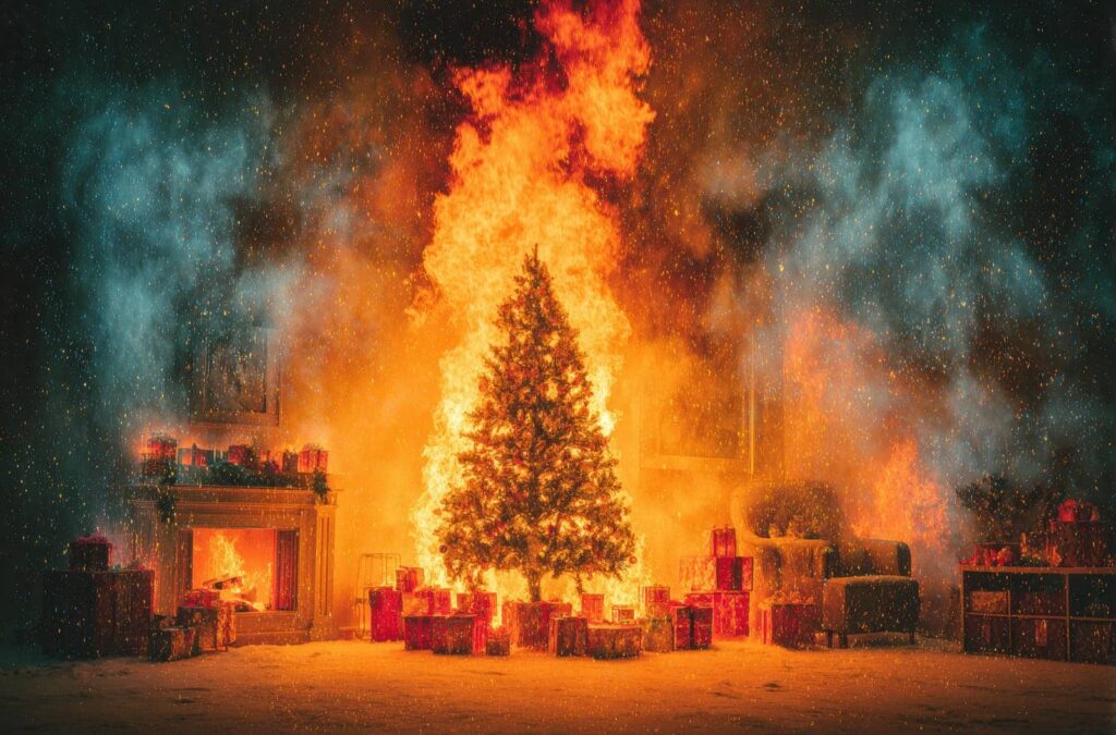 Christmas tree engulfed in flames surrounded by presents in a living room.