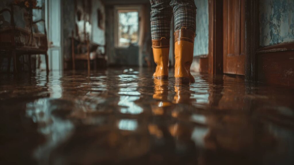 Person wearing yellow rain boots walking through a flooded indoor hallway.