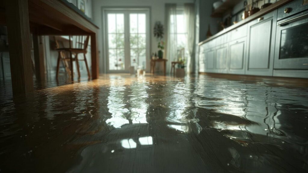 Water flooding the floor of a kitchen with wooden furniture and cabinets.