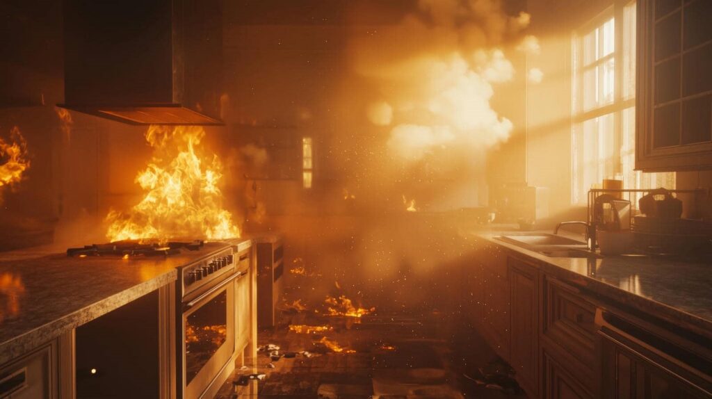 Kitchen stove and floor engulfed in flames with smoke filling the room.