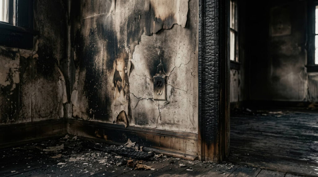 Burned, abandoned room with charred walls and peeling paint.