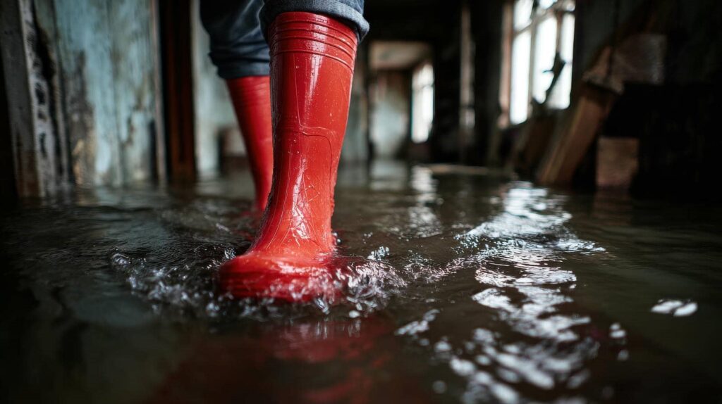 Person wearing red rain boots walking through floodwater inside a building.