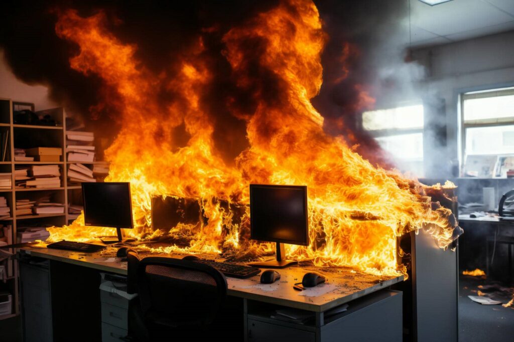 Office desks with computers engulfed in large flames and thick black smoke.