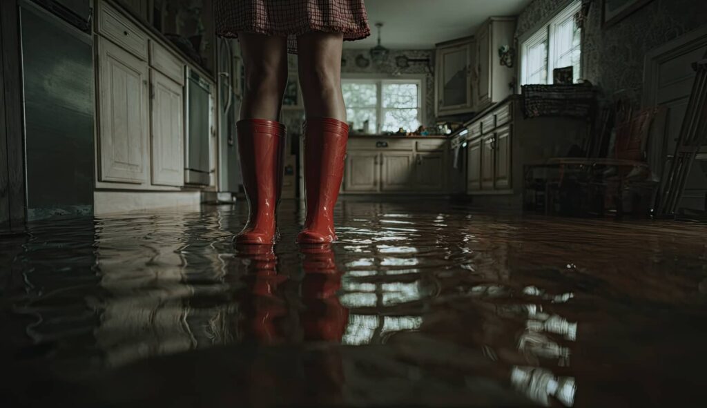 Person wearing red rain boots standing in a flooded kitchen with water covering the floor.