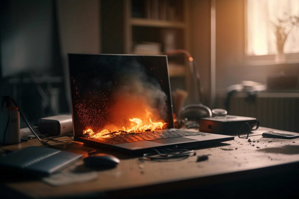 Laptop on a desk with flames and smoke coming from the keyboard, suggesting it is on fire.