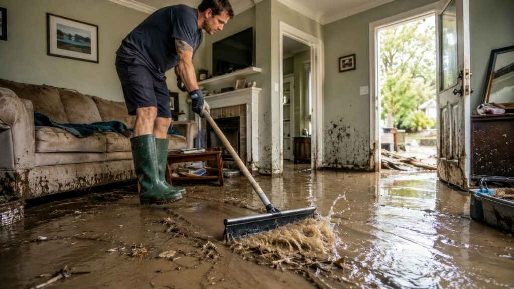 Man in boots cleaning muddy floodwater inside a living room with a broom.