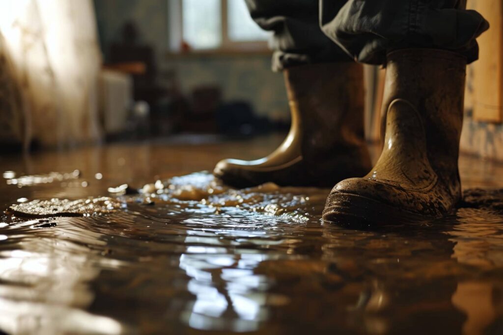 Person wearing muddy rubber boots standing in a flooded indoor space with water on the floor.