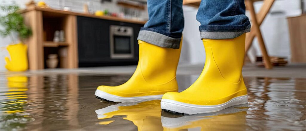 Person wearing yellow rain boots standing in a flooded indoor space.