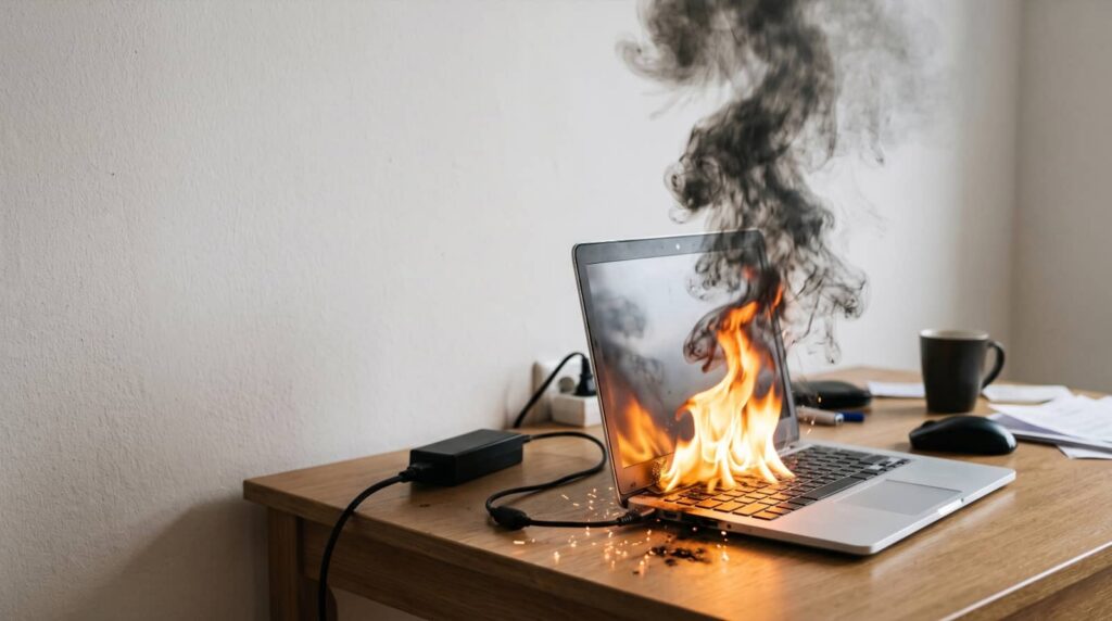 Laptop on fire with flames and smoke rising on a wooden desk.