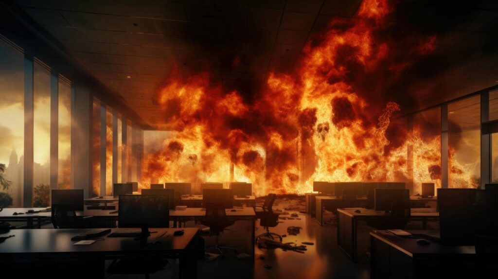 Large fire engulfing an office space with desks and computers.