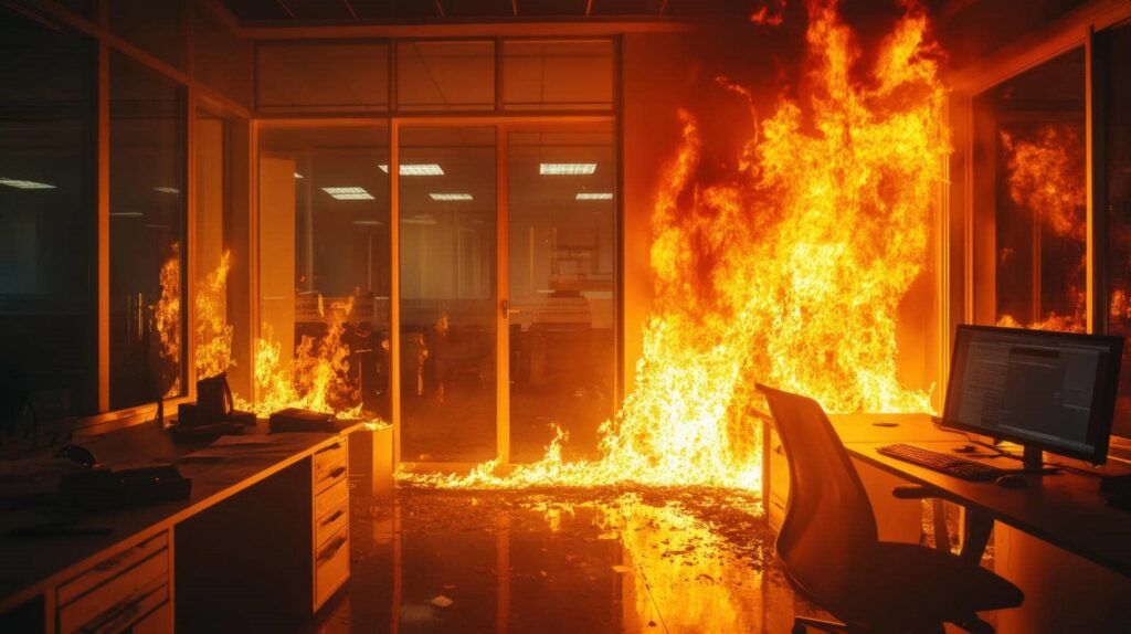 Flames engulf an office room with desks, chairs, and a computer monitor.