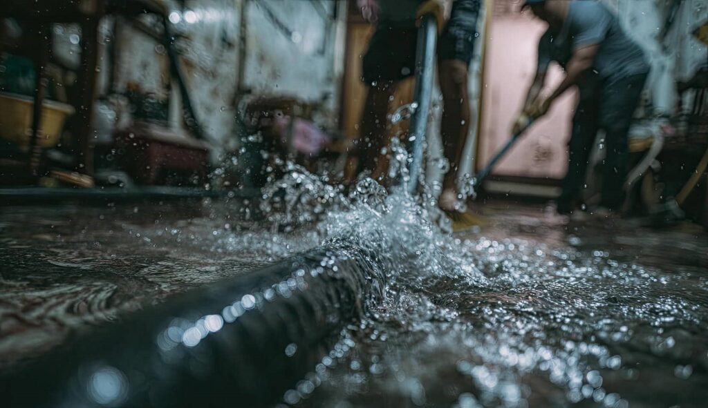Water splashing from a leaking hose on a wet floor with blurred people in the background.
