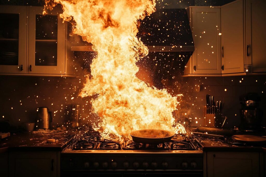 Large kitchen fire erupting from a frying pan on a stove with flames and sparks.