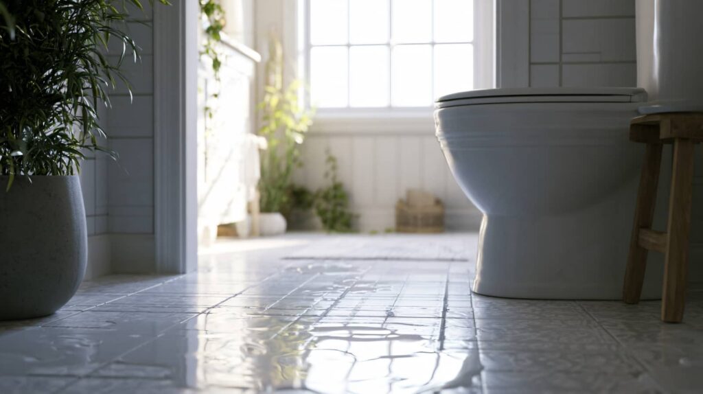 Water pooled on a tiled bathroom floor near a toilet and a potted plant.