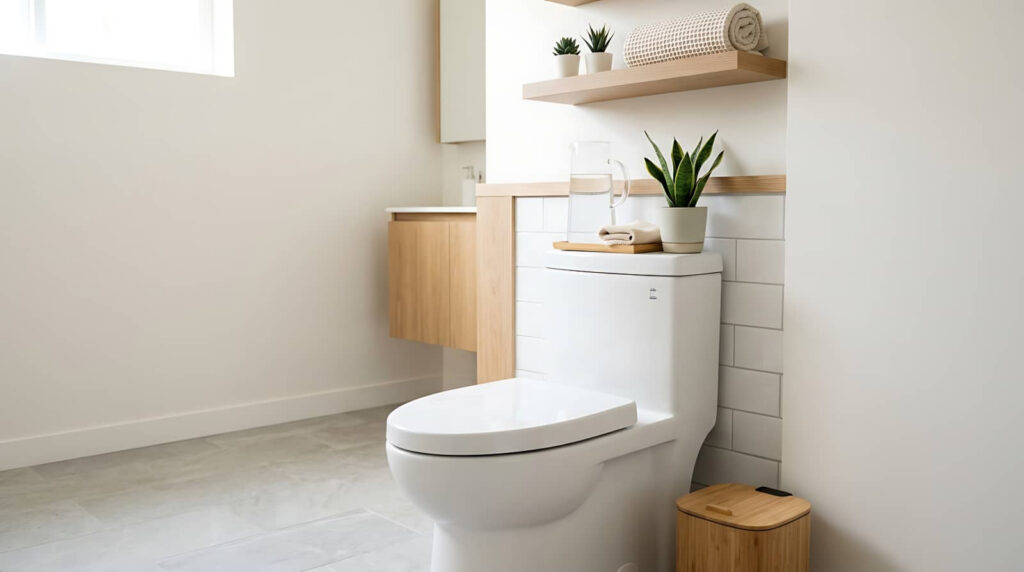 Modern bathroom with a white toilet, wood vanity, and potted plants.