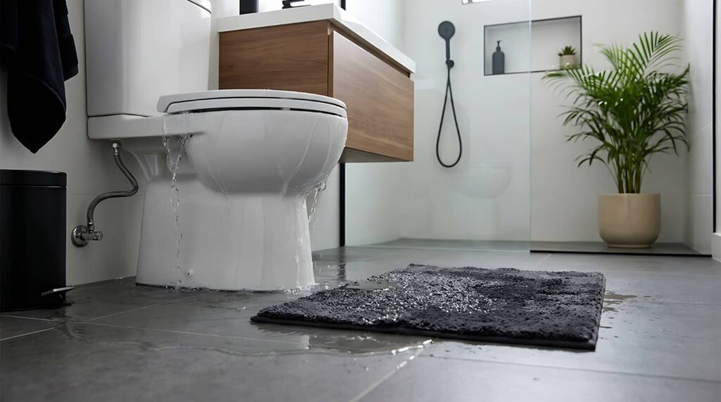 Water leaking from a toilet onto a bathroom floor with a black rug and a potted plant nearby.