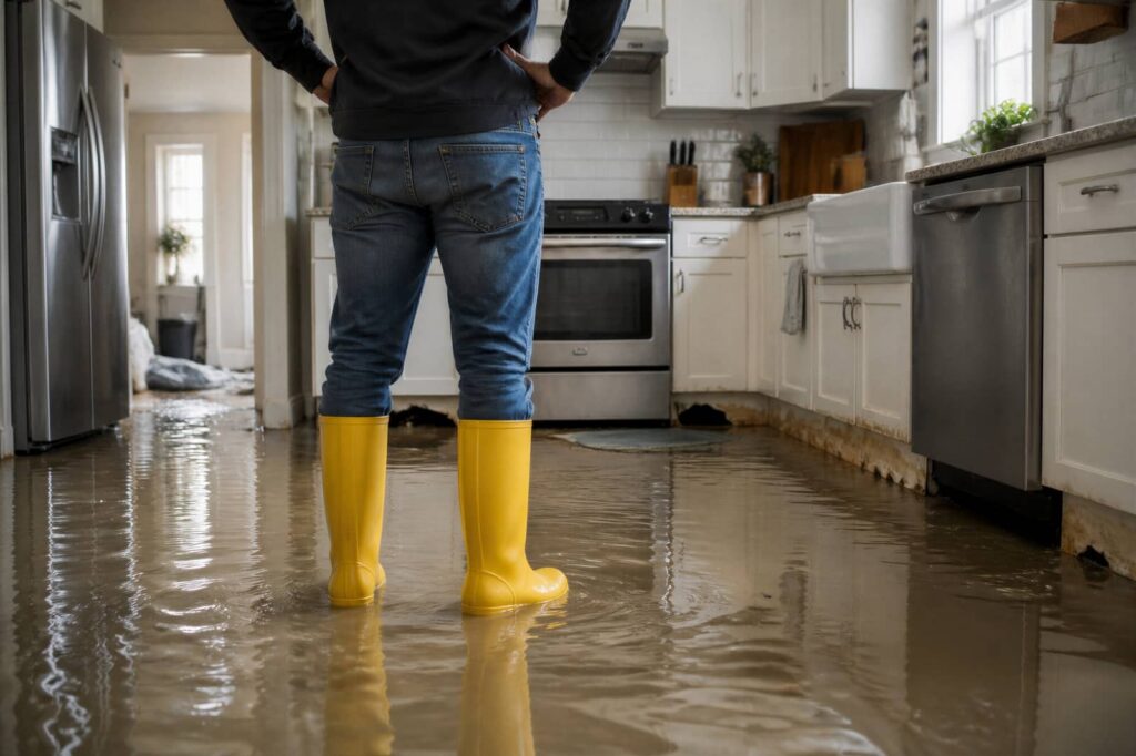 Person wearing yellow rain boots standing in a flooded kitchen with water covering the floor.
