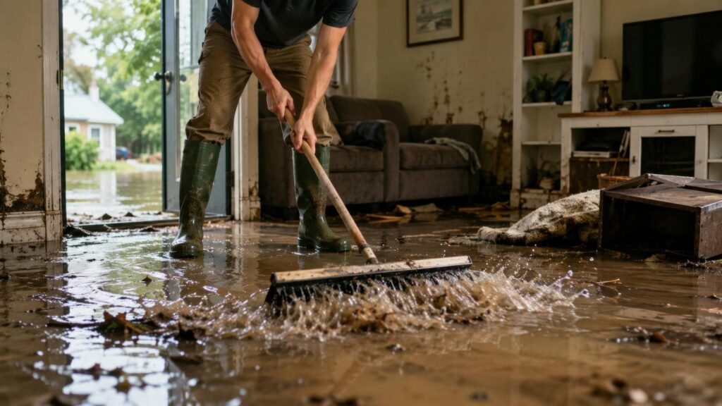 Person in boots cleaning muddy floodwater inside a flooded living room with a push broom.