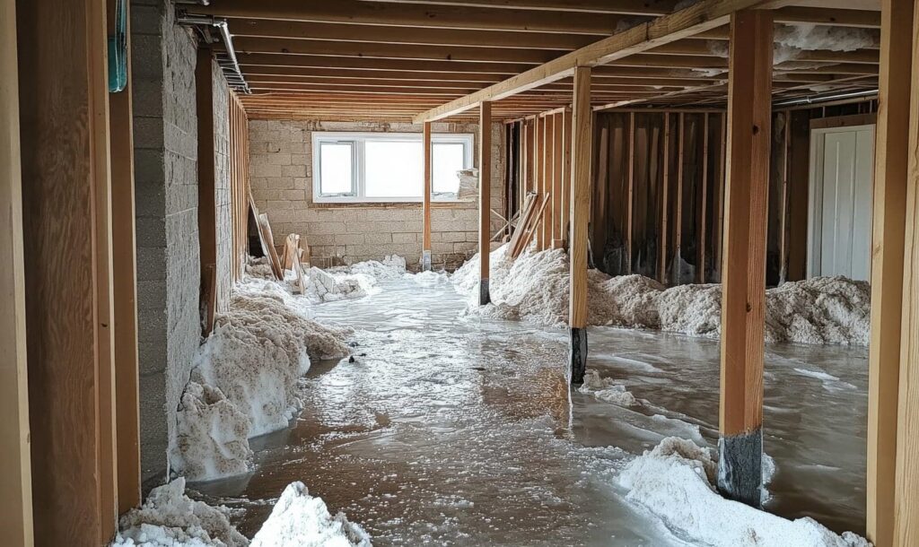 Basement flooded with water and foam around wooden support beams and walls.