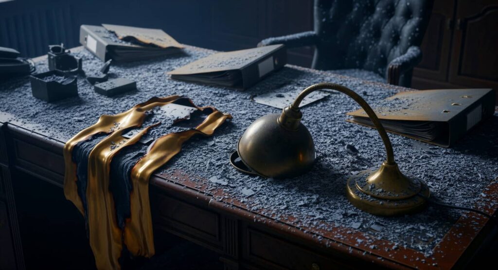 A dusty desk with scattered papers, a toppled brass lamp, and melted wax dripping over the edge.