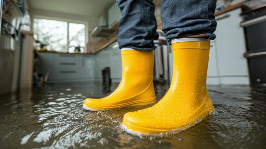 Person wearing yellow rain boots standing in a flooded kitchen with water covering the floor.