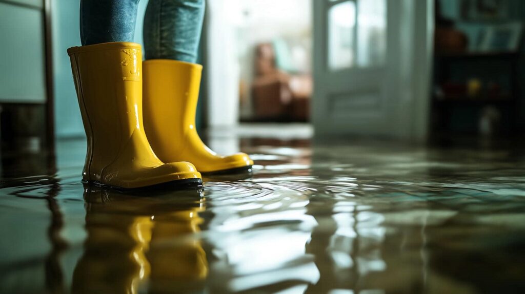 Person wearing yellow rain boots standing in a flooded indoor room with water on the floor.