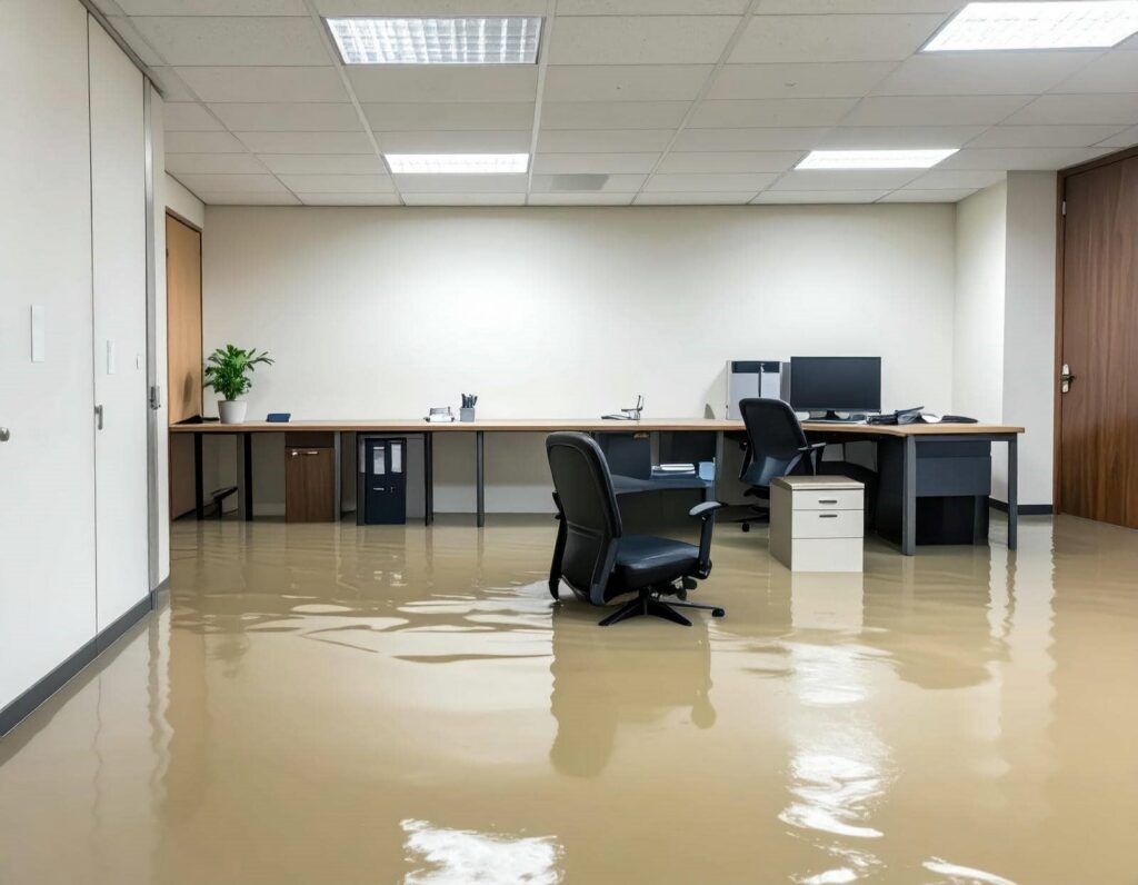 Office room with desks and chairs partially submerged in floodwater.