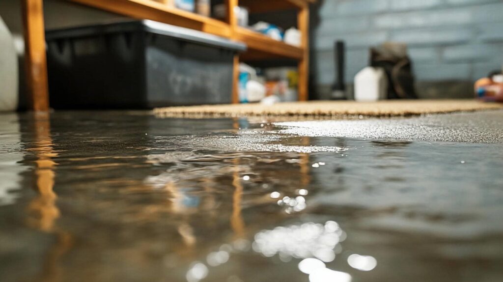 Water flooding a basement floor with shelves and storage bins in the background.